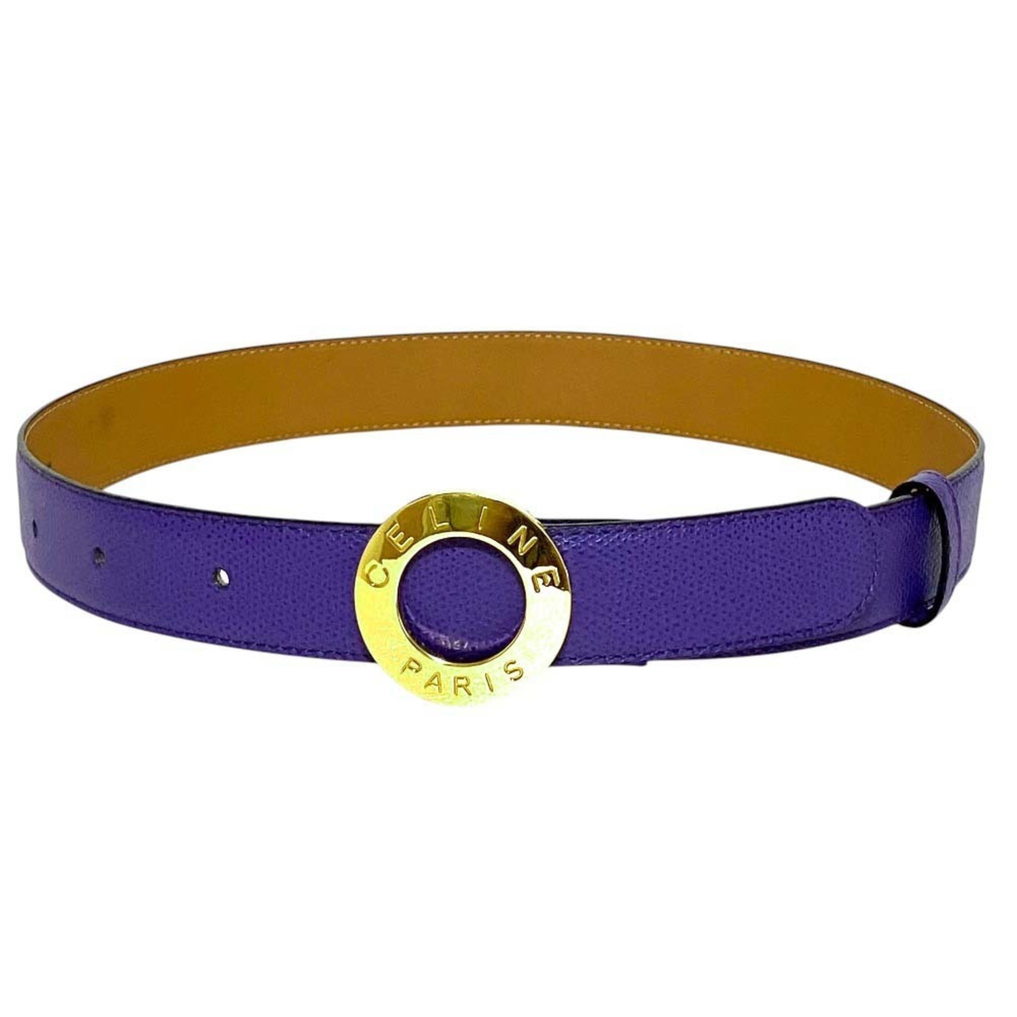 Celine Vintage Circle Logo Buckle Stud Type Leather Belt Purple X Gold Hardwa...